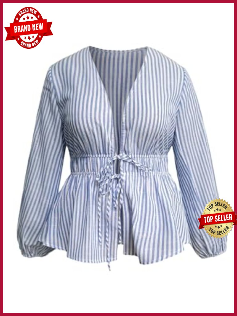 Women's Plus Size Striped Tie Front Deep V Neck Blouse Lantern Sleeve Peplum Top